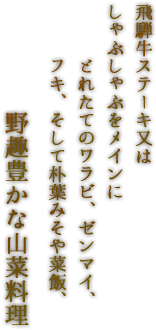 飛騨牛ステーキ又はしゃぶしゃぶをメインにとれたてのワラビ、ゼンマイ、フキ、そして朴葉みそや菜飯、野趣豊かな山菜料理
