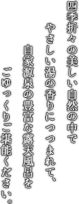 四季折々の美しい自然の中でやさしい湯の香りにつつまれて、自家源泉の豊富な露天風呂をごゆっくりご堪能ください。